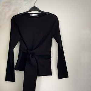 NEW! ZARA Long Sleeve Black Blouse with Tie! NWT